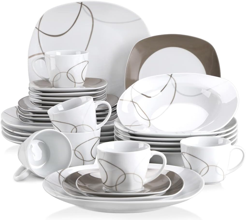 VEWEET 'Nikita' 30-Piece Dinner Set Ivory White Brown Lines Porcelain China Ceramic Combination Sets of Dessert Plates/Soup Plates/Dinner Plates/Cups/Saucers Service for 6