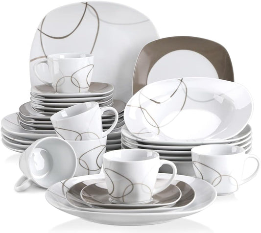 VEWEET 'Nikita' 30-Piece Dinner Set Ivory White Brown Lines Porcelain China Ceramic Combination Sets of Dessert Plates/Soup Plates/Dinner Plates/Cups/Saucers Service for 6