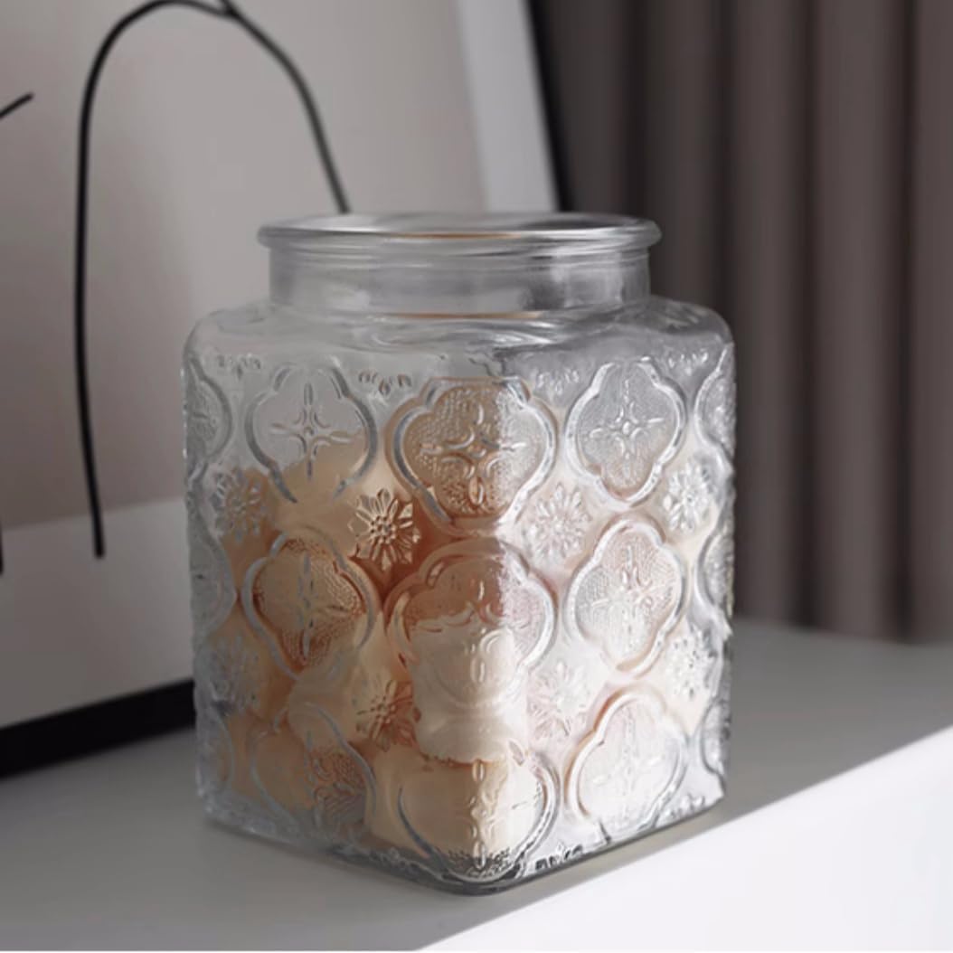 25.3 FL OZ Square Glass Jar, Glass Storage Canister with Airtight Lid, Glass Food Storage Containers for Candy, Coffee, Tea, Canning, Cute Jar (Square Begonia)