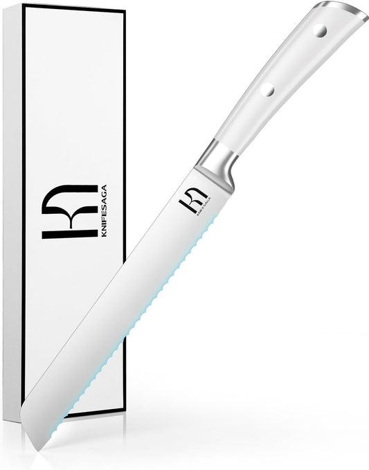 Bread Knife - 8 Inch Japanese Serrated Sourdough Bread Slicing Knife, High Carbon Stainless Steel, Razor Sharp, Ergonomic White Handle