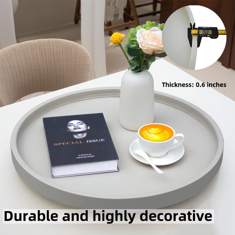 30-inch Round Ottoman Serving Tray - Textured PU Leather Coffee Table Decor, Waterproof Heat-Resistant Large Organizer for Home, Office, Bed & Party Essentials (Tranquil Beige, 30)