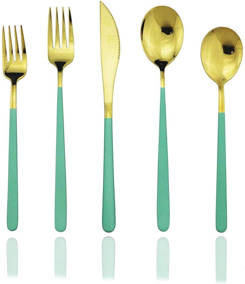 JASHII Flatware Set SUS304 Stainless Steel Silverware Set 20-Piece Cutlery Set, Smooth Surface and Mirror Polish, Fit for Kitchen Hotel Restaurant Tableware Set.(Green gold)