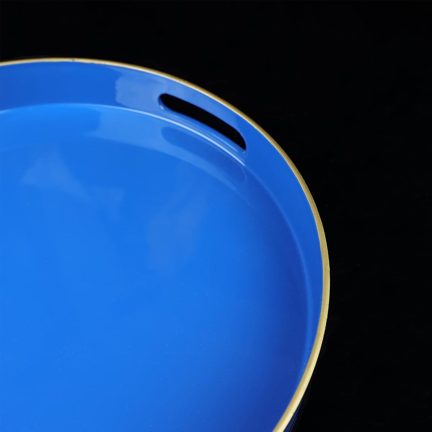 Blue Round Decorative Tray with Handles, 13" Elegant Coffee Table Serving Tray for Ottoman Living Room, Bathroom, Outdoors, Breakfast