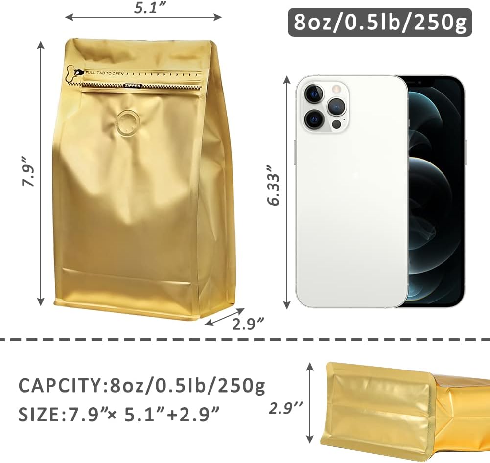 REMTAP Coffee Bags with Valve(50pcs,8oz) Golden High Barrier Aluminumed Foil Flat Bottom Standing Coffee Beans Storage Bags,Reusable Heat Sealable Side Zipper Pouches for Home or Store