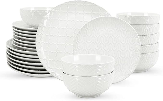 Sureasy Ceramic Dinnerware Sets for 8, 24 Piece Embossed Plates and Bowls Sets, Scratch Resistant Stoneware Dishes Set, Dishwasher and Microwave Safe, White