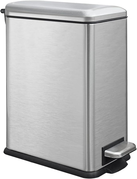 Silver 10L/2.6 Gallon Bathroom Trash Can with Lid,features a removable inner bucket, a soft - close lid and a stainless - steel step pedal,ideal for use in the bathroom, kitchen, and home office.