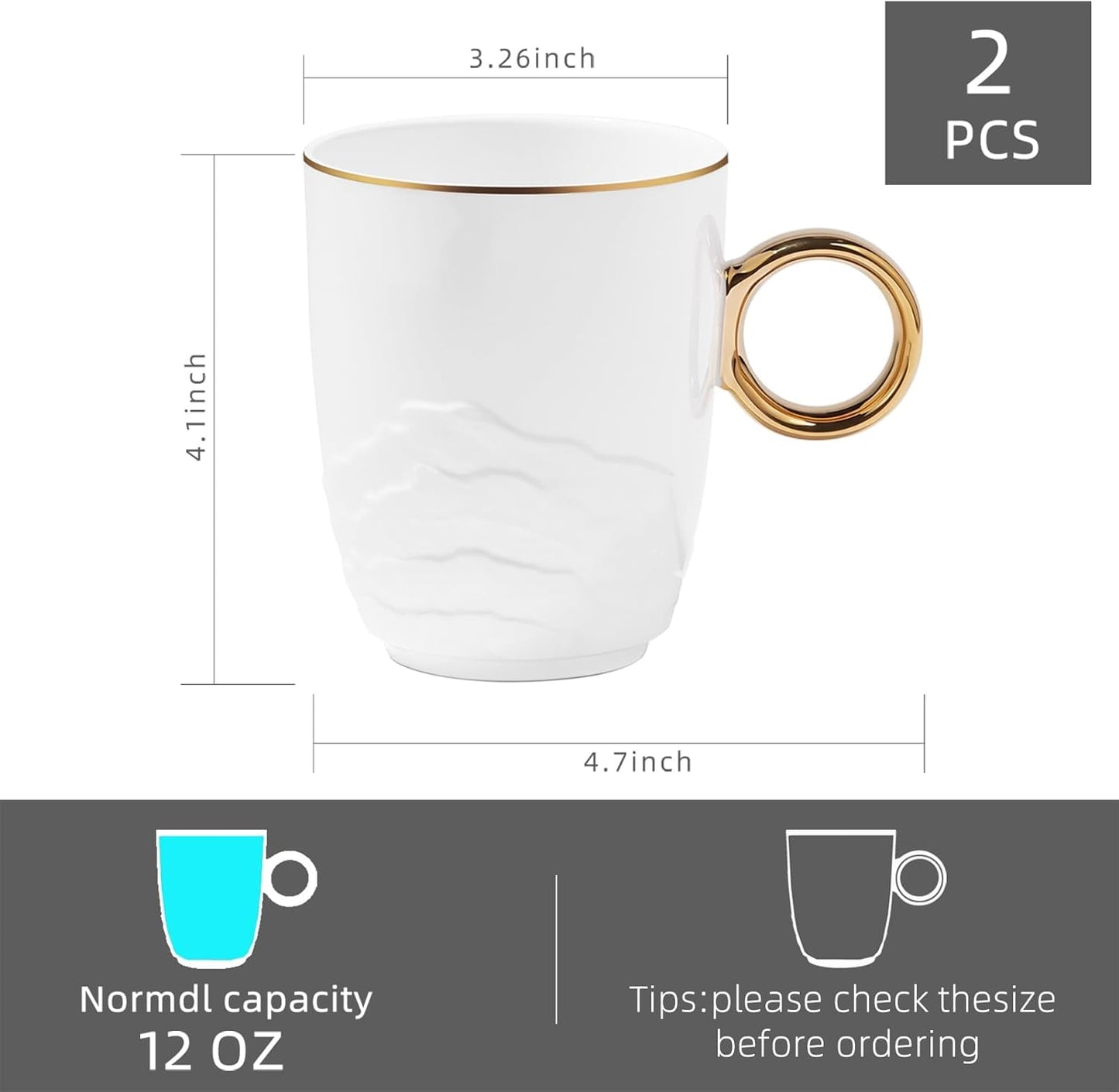 Chulan Upscale 12 oz Bone China Coffee Mug Set of 2, White Lightweight Fine Bone China Tea Cups with Gold Rim, Over 45% Bone Content Porcelain Ceramic Thin Mugs for Espresso Latte Mocha Freezer Safe