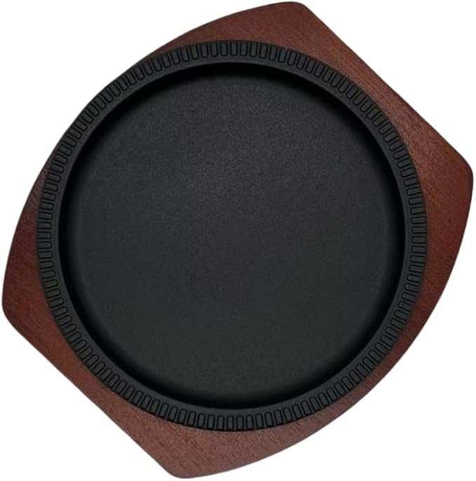 Steak Pan Sizzle Griddle, Cast Iron Steak Plate, Grill Pan with Wooden Base