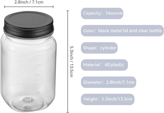 novelinks 16 oz Clear Plastic Jars with Screw-On Lids - BPA-Free Refillable Storage Containers for Slime, Food, Crafts, Kitchen & Household Use (10 Pack,Black)