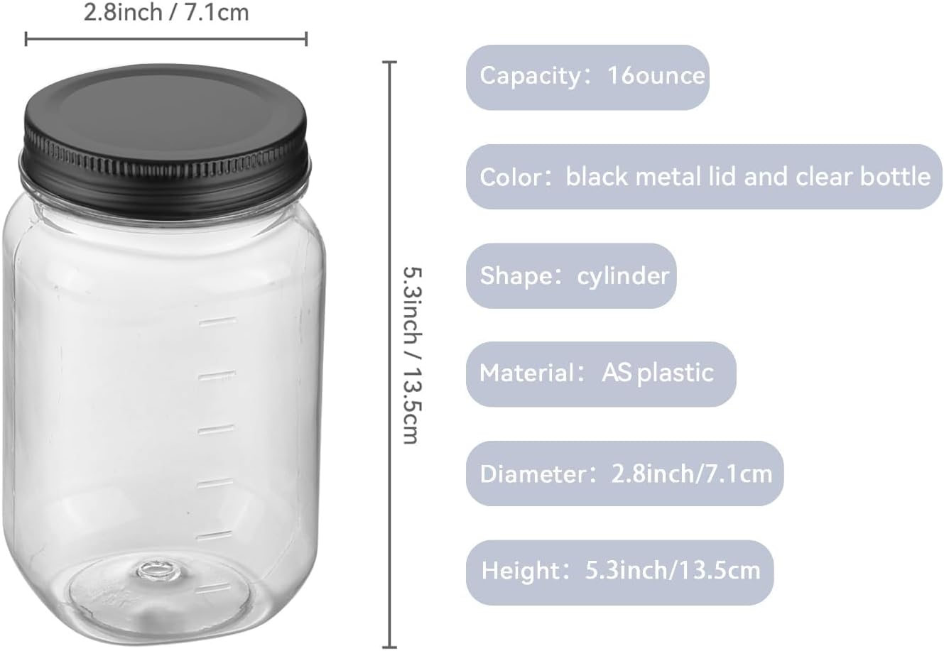 novelinks 16 oz Clear Plastic Jars with Screw-On Lids - BPA-Free Refillable Storage Containers for Slime, Food, Crafts, Kitchen & Household Use (24 Pack,Black)