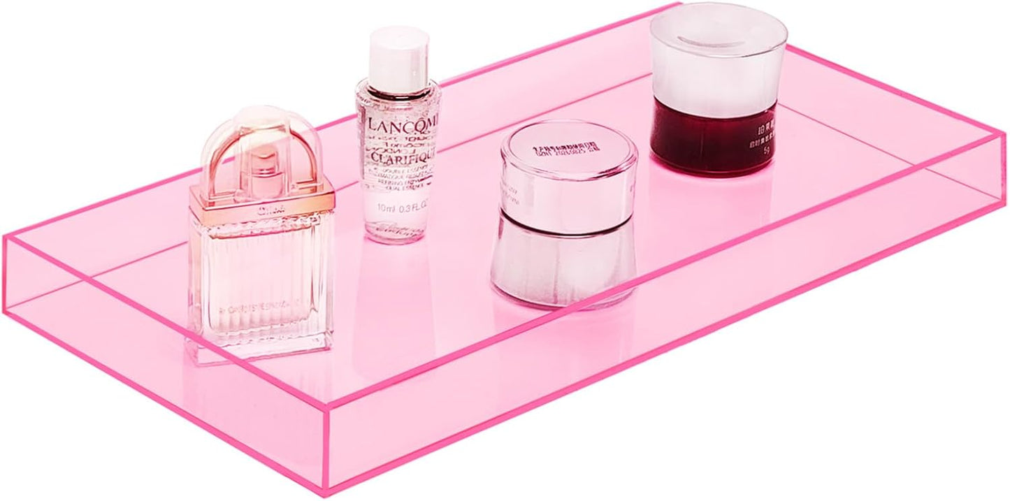 ROYALITA Acrylic Tray Bathroom Tray for Countertop, Guest Towel Holder Tray for Napkin Perfume Jewelry Makeup, Vanity Trays for Soap Dispenser, Aromatherapy, Cup & Candle, Pink