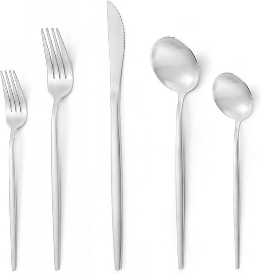 40 Pieces Silverware Set，Matte Stainless Steel Flatware Cutlery Set Service for 8, Stain Finish Kitchen Utensil Set，Include Dinner Knives Forks and Spoons Silverware, Dishwasher Safe