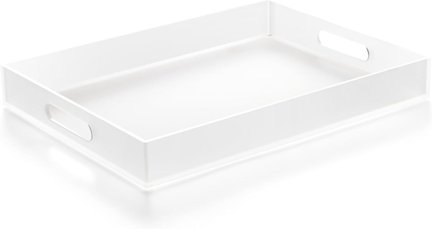 16"x12" Large Acrylic Serving Tray Decorative Ottoman Coffee Table Vanity Tray Tea Fruit Platter Snack Appetizer Dessert Drink with Handles for Bar Kitchen Party, Frosted