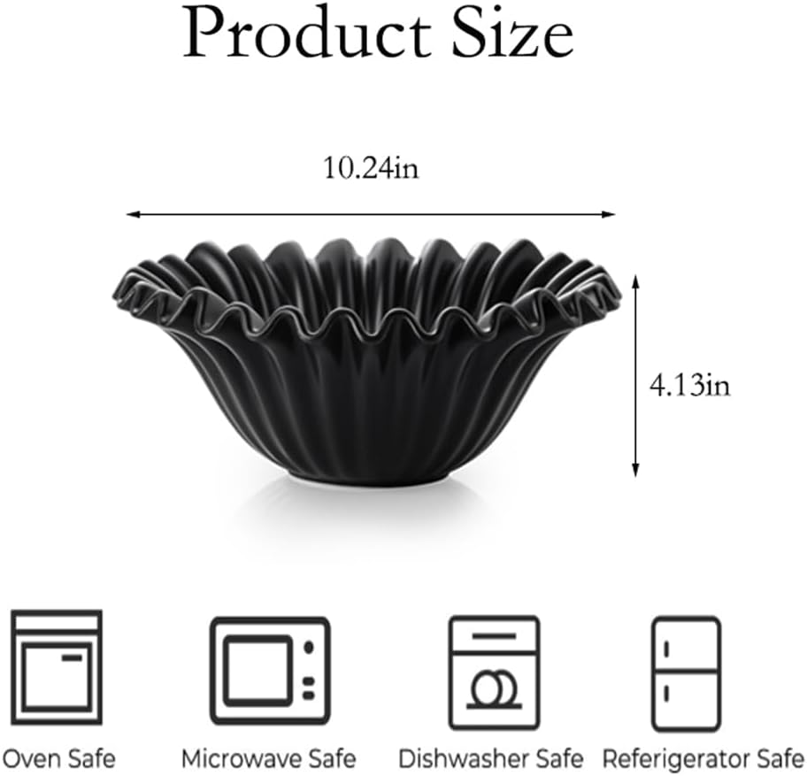 Large Decorative Bowl, Porcelain Fruit Bowl for Kitchen Counter HandCrafted Ruffle Flower Bowl for Home Decor Stylish Fluted Dish for Party, Black (10 inch) Halloween