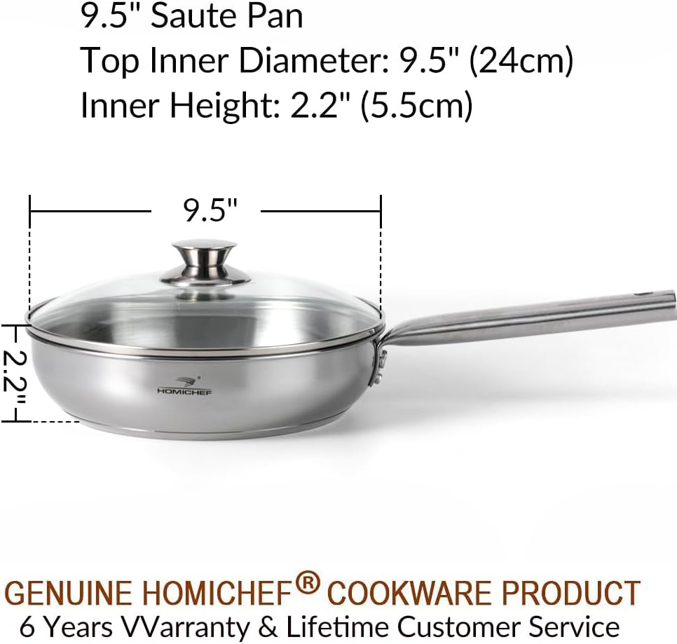 HOMICHEF 9.5 Inch Nickel Free Stainless Steel Saute Pan Induction Oven Safe - Premium Mirror Polished Stainless Steel Pan - Healthy Non Toxic Fry Pans