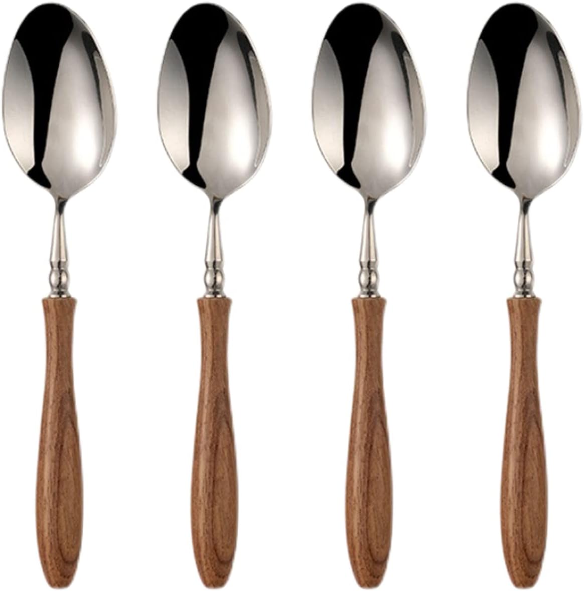 Stainless Steel Satin Finish Dinner Spoons with Wood Handle, 7.68-Inch Dessert Spoon Set, Mirror Polished Silverware Flatware Spoons Set of 4, Use for Home Kitchen Restaurant Camping Travel
