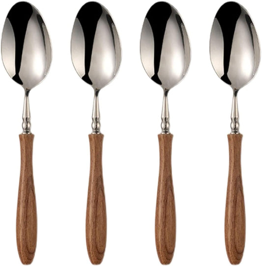 Stainless Steel Satin Finish Dinner Spoons with Wood Handle, 7.68-Inch Dessert Spoon Set, Mirror Polished Silverware Flatware Spoons Set of 4, Use for Home Kitchen Restaurant Camping Travel