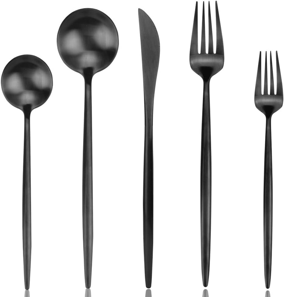 Flatware Set, Matte Black Silverware Set, AOOSY Heavy Solid 20-Piece 18/10 Stainless Steel Flatware Cutlery Set for 4, Mirror Finish, Dishwasher Safe, Nice Box Package(A Matte Black Flatware)