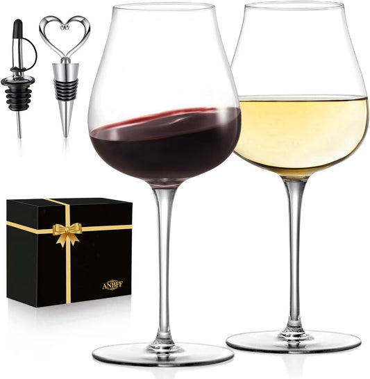 Wine Glasses Set of 2, 17.2 Oz Hand Blown Crystal Clear Glass, Long Stem Red/White Wine Glass with Wine Accessories and Gift Box - for Birthdays, Weddings, Party