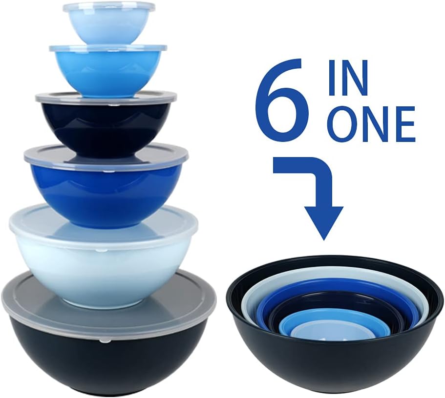 BoxedHome BPA Free Plastic Round Mixing Bowl with Lids, 12 Pack Nesting Bowls with Lids Set, Microwave and Dishwasher Safe Prep & Serving Bowls Great for Mixing, Baking, Serving (Blue, 12pcs)