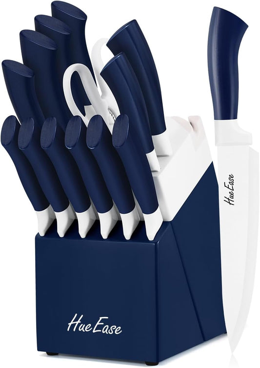 Kitchen Knife Set with Block and Build-In Sharpener,14-Piece German High Carbon Stainless Steel Knives Sharp Blade, Dishwasher Safe (14pcs-blue with white ceramic coating)