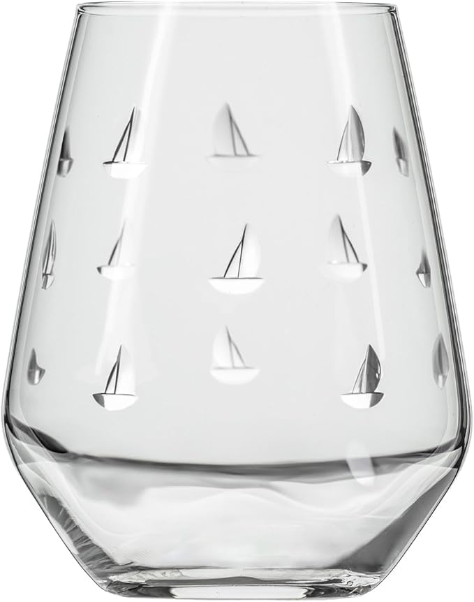 Rolf Glass Sailing Stemless Wine Tumbler 18 ounce | Stemless Wine Glasses Set of 2 | Lead-Free Crystal Glass | Diamond-Wheel Engraved | Proudly Made in the USA