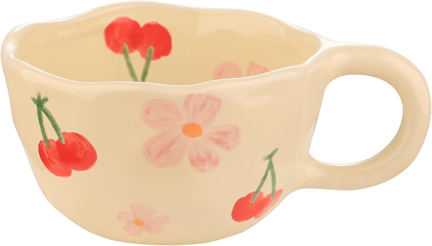 VanEnjoy Ceramic Cup, Cute Coffee Mug, Strawberry Mug, Aesthetic Coffee Mug, Retro Flower Mug, Ceramic Tea, 10oz/300ml for Tea Coffee, Milk and Oatmeal
