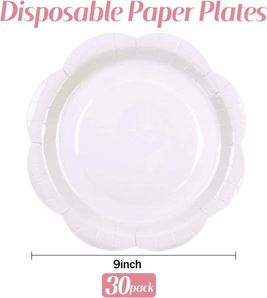30 Pack White Paper Plates 9 Inch, Disposable Scalloped Plates Cake Dessert Plate for Dinner Baby Shower Wedding Bridal Shower Birthday Party Supplies (White, 9 inch)