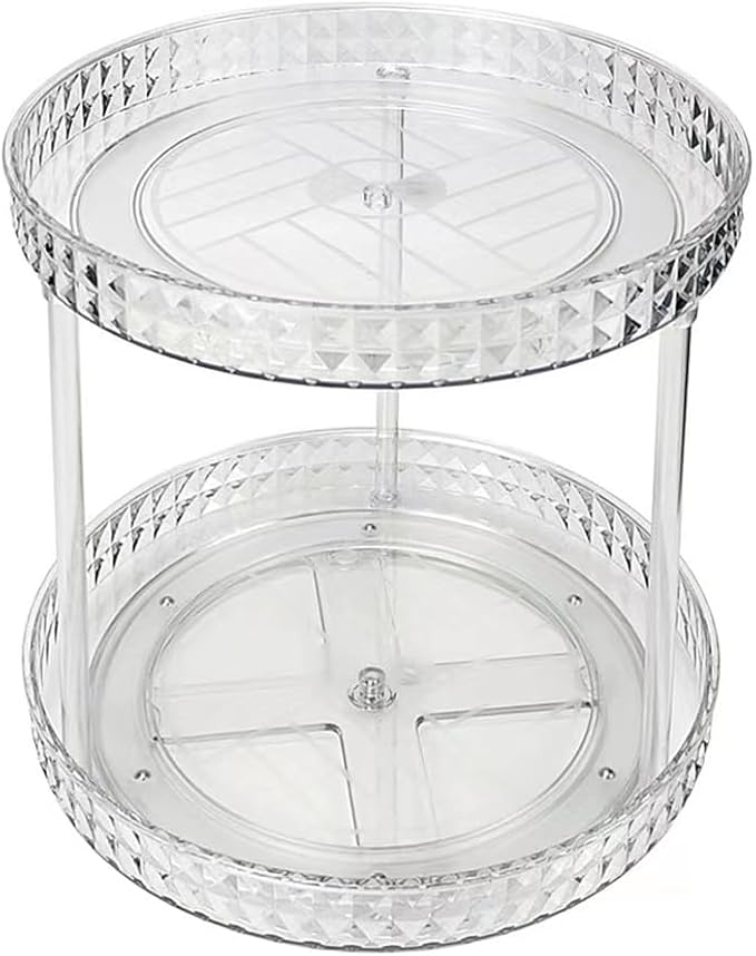2 Tier Clear Lazy Susan Organizer for Fridge and Cabinet, 360° Rotating Makeup Organizer, Cosmetic Display Cases, Under Sink Turntable Organizer for Kitchen Bathroom Dorm