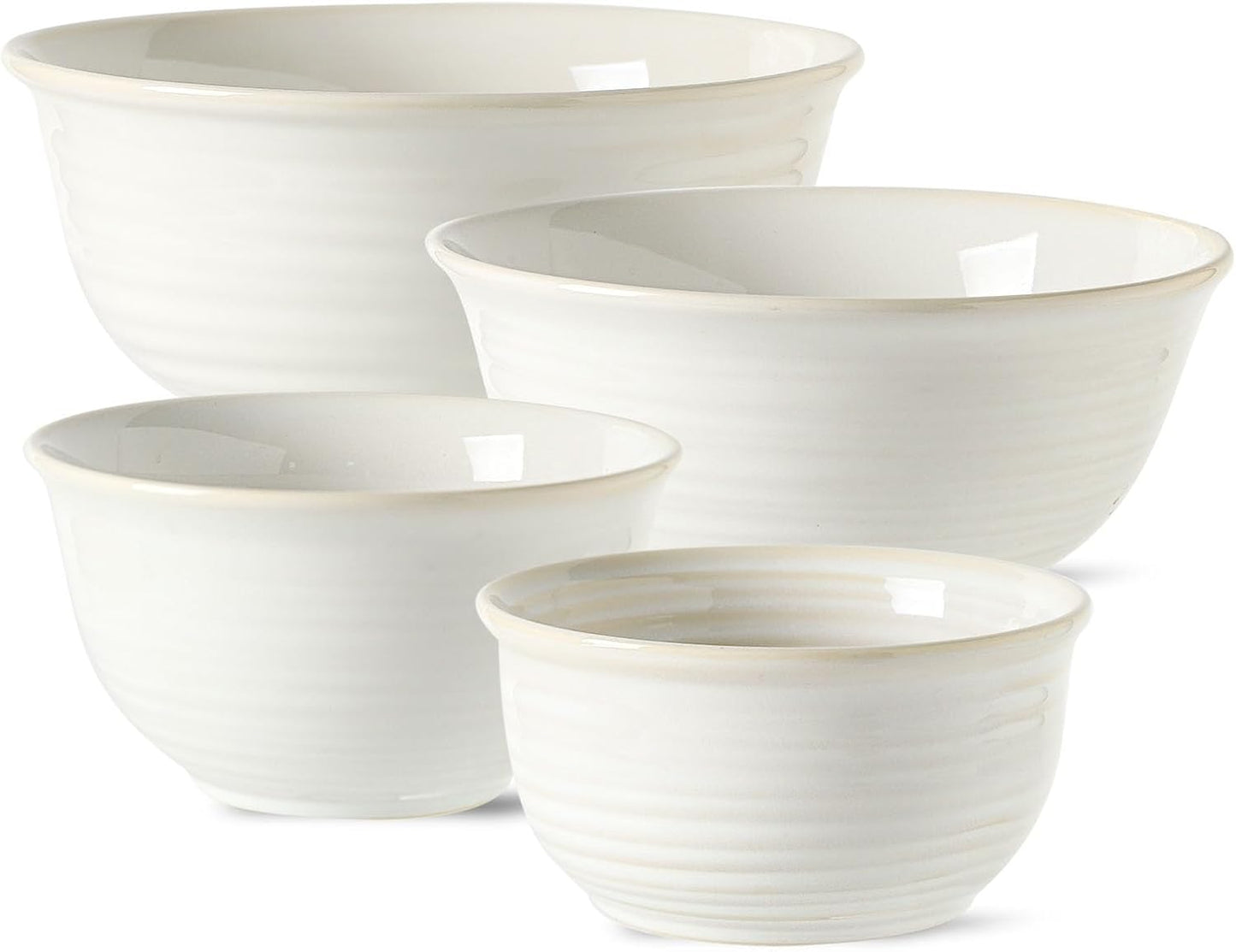 Hasense Porcelain Mixing Bowls, 2.8/2.1/1.0/0.5 Qt, Handmade Large Salad Serving Bowls for Kitchen, Deep Nesting Dishes for Cooking and Baking, Microwave Dishwasher Safe, Clay-Infused White