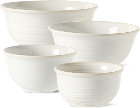 Hasense Porcelain Mixing Bowls, 2.8/2.1/1.0/0.5 Qt, Handmade Large Salad Serving Bowls for Kitchen, Deep Nesting Dishes for Cooking and Baking, Microwave Dishwasher Safe, Clay-Infused White