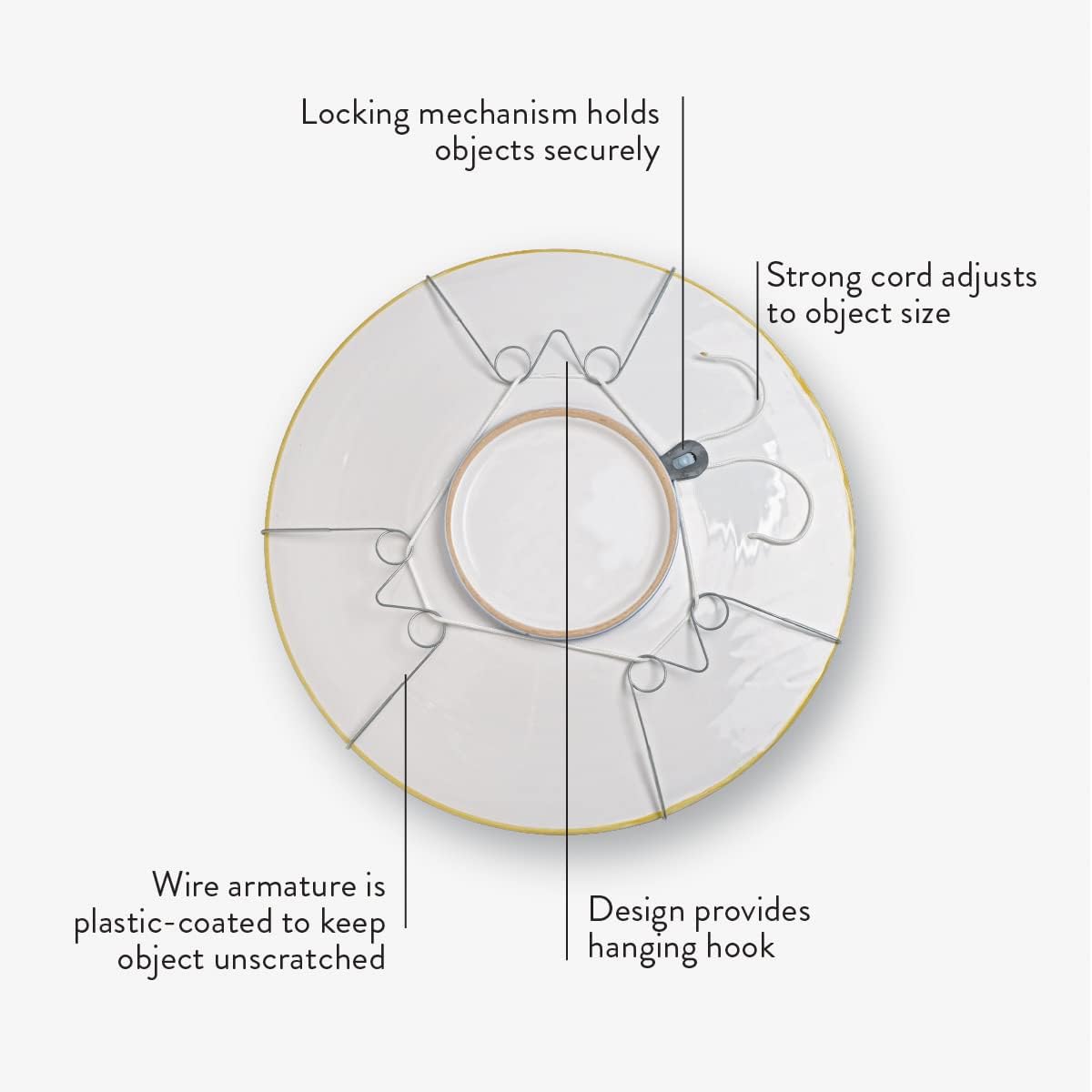 Display Buddie Adjustable Wall Plate Hanger - Secure for Round Platter Bowl Tray Wall Display - Steel - Silicone Hooks - Large 14"-22" up to 8 lbs