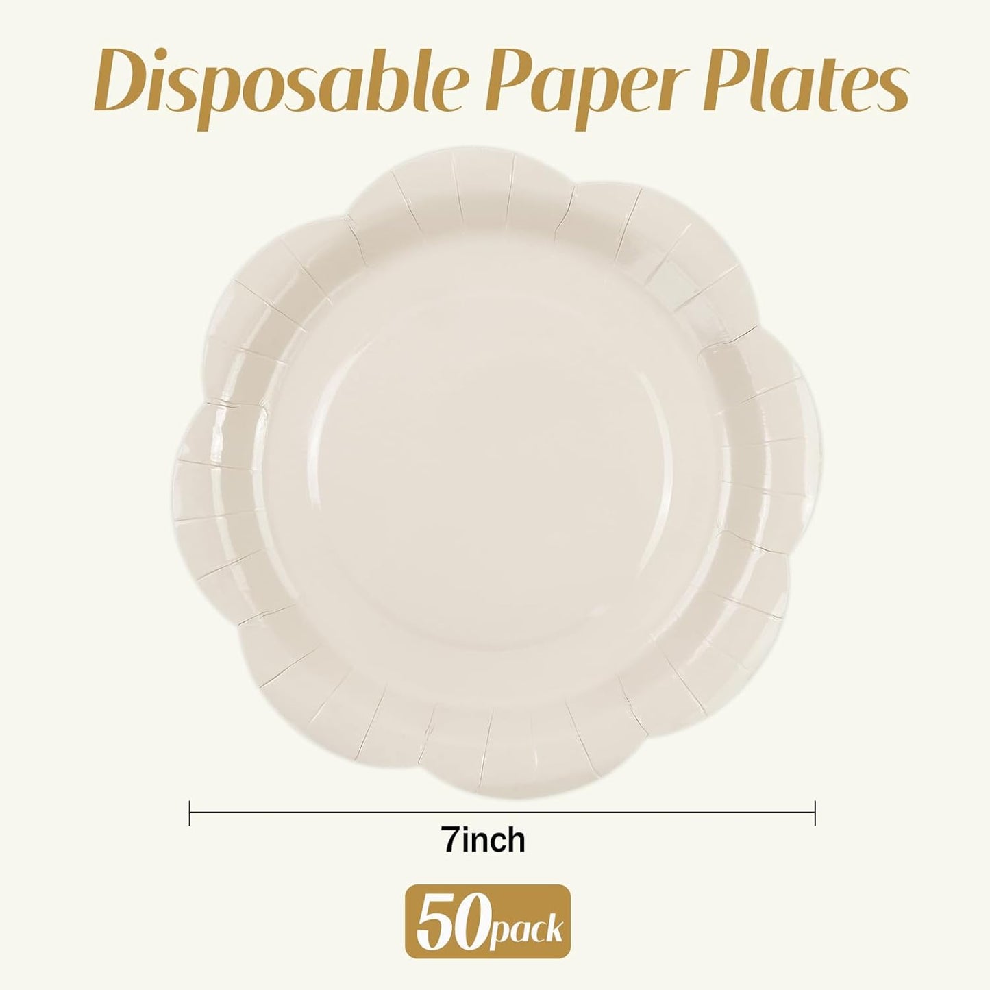 50 Pack Ivory Paper Plates 7 Inch, Disposable Cream Scalloped Plates Cake Dessert Plate for Dinner Baby Shower Wedding Bridal Shower Birthday Party Supplies (Ivory, 7 inch)