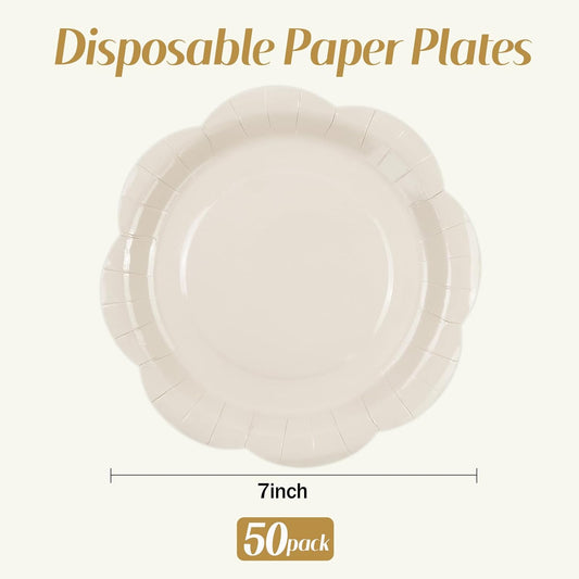 50 Pack Ivory Paper Plates 7 Inch, Disposable Cream Scalloped Plates Cake Dessert Plate for Dinner Baby Shower Wedding Bridal Shower Birthday Party Supplies (Ivory, 7 inch)