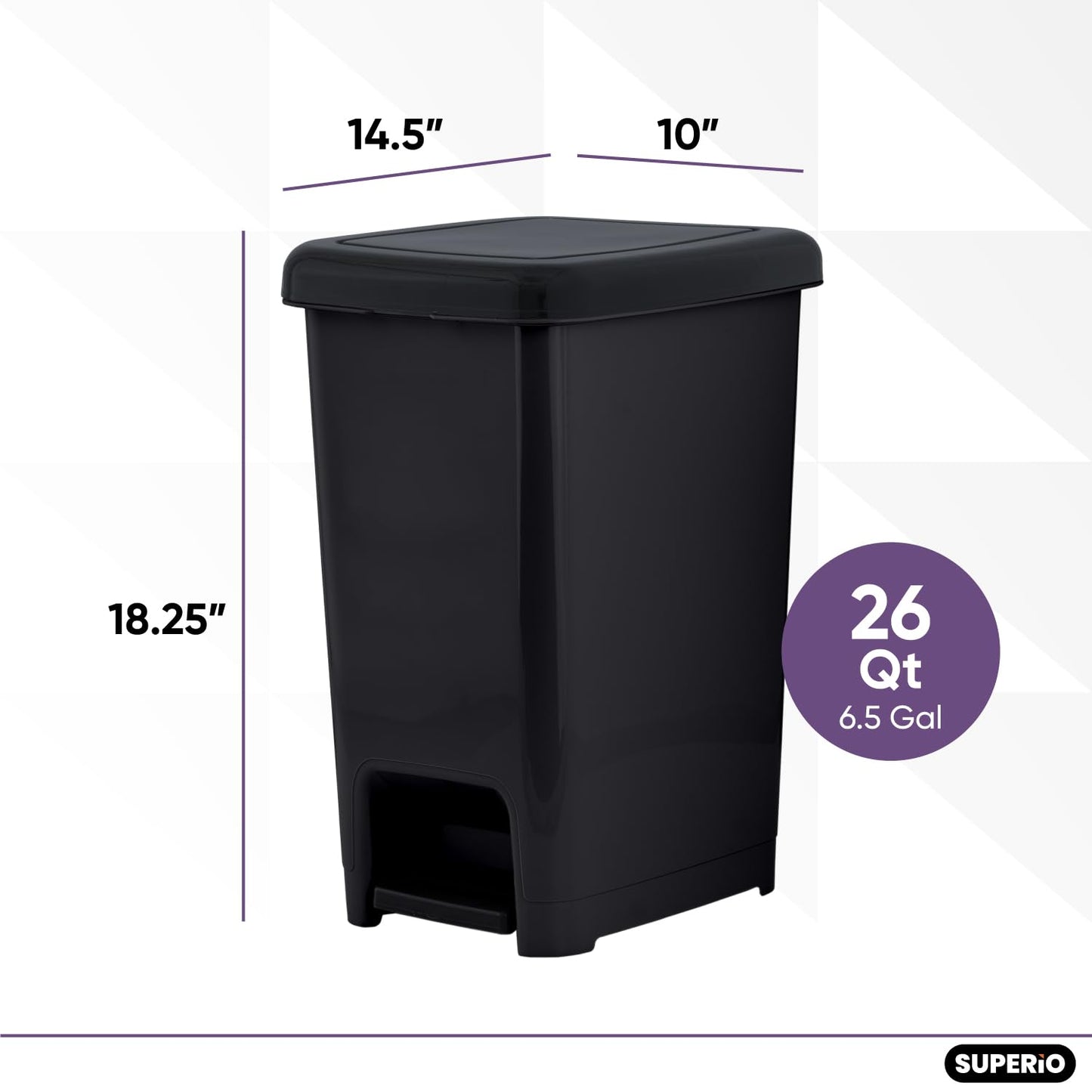 Superio Slim Trash Can with Foot Pedal – 6.5 Gallon Step-On Trash Can with Lid, Medium Plastic Garbage Can, Trashcan for Bathroom, Kitchen, Office, Bedroom, Dorm, Patio – Black, 2