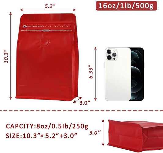 REMTAP Coffee Bags with Valve（50pcs,1lb,16oz) Red High Barrier Aluminumed Foil Flat Bottom Standing Coffee Beans Storage Bags,Reusable Heat Sealable Side Zipper Pouches for Home or Store