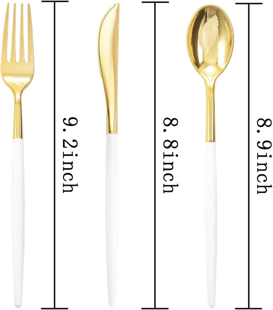 Rubtlamp 96 Pcs Gold Plastic Silverware, Gold Plastic Utensils with White Handle, Cutlery Set Disposable Includes: 32 Knives, 32 Plastic Spoons And 32 Forks for Wedding And Party