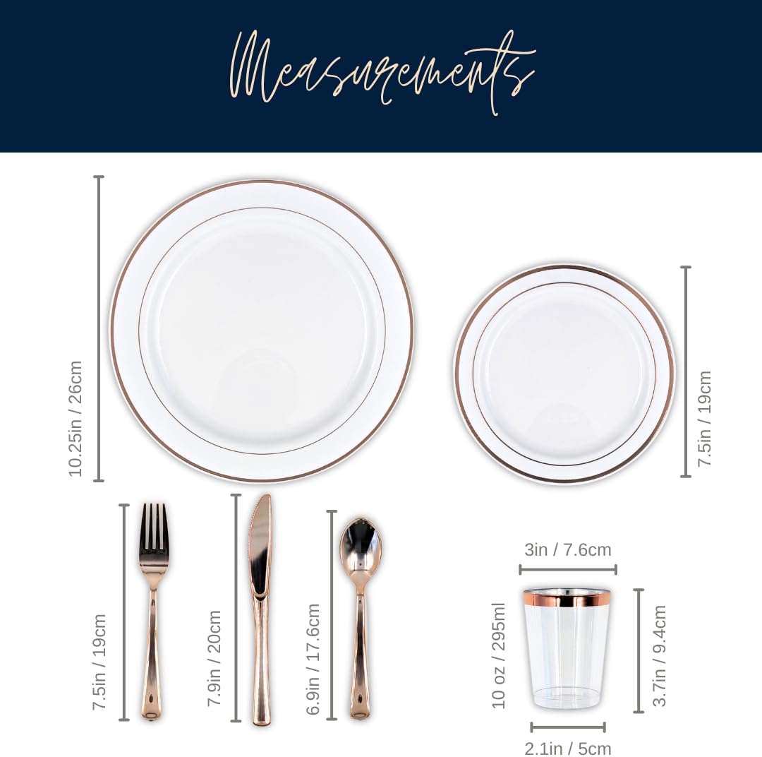 Tableware Dinnerware Set, Premium Heavyweight, Reusable or Disposable Party Plates, Includes Dinner Plate, Dessert Plate, Cutlery, and Cup (Rose Gold, 150-Piece Set, Serves 25 Guests)