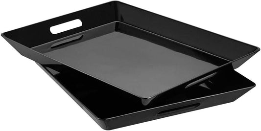 i BKGOO Black Large Tray,Melamine Serving Tray with Handles, Set of 2 Rectangular Tray for Food Organizer,Breakfast, Lunch, Dinner 15.5 x 12.2 x 1.6 inch