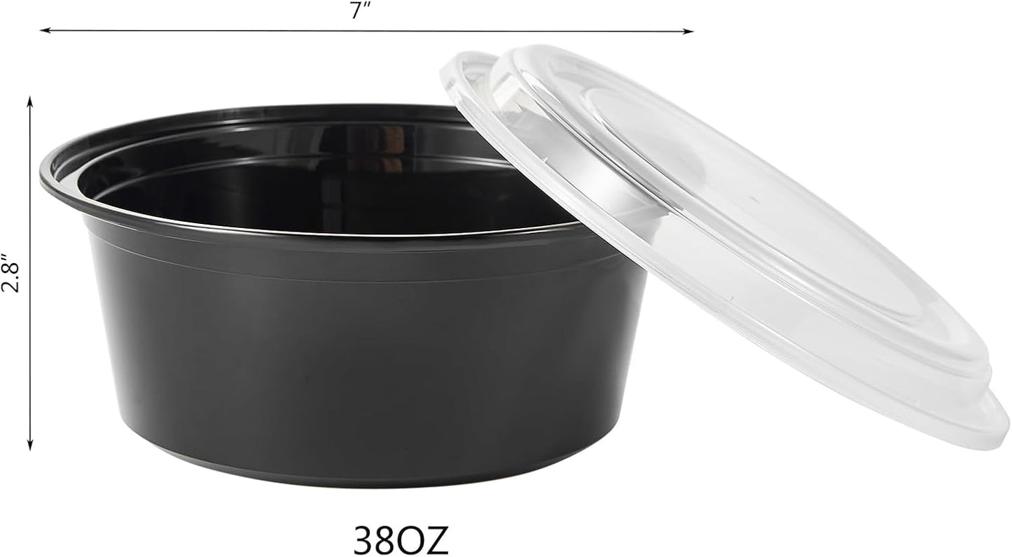 FULING 38 oz 150 ct Round Meal Prep Containers with Lids Plastic Food Storage To Go Lunch Plan Box Disposable Take Out Bowls Black BPA Free Reusable Durable Stackable Microwave Freezer Dishwasher Safe