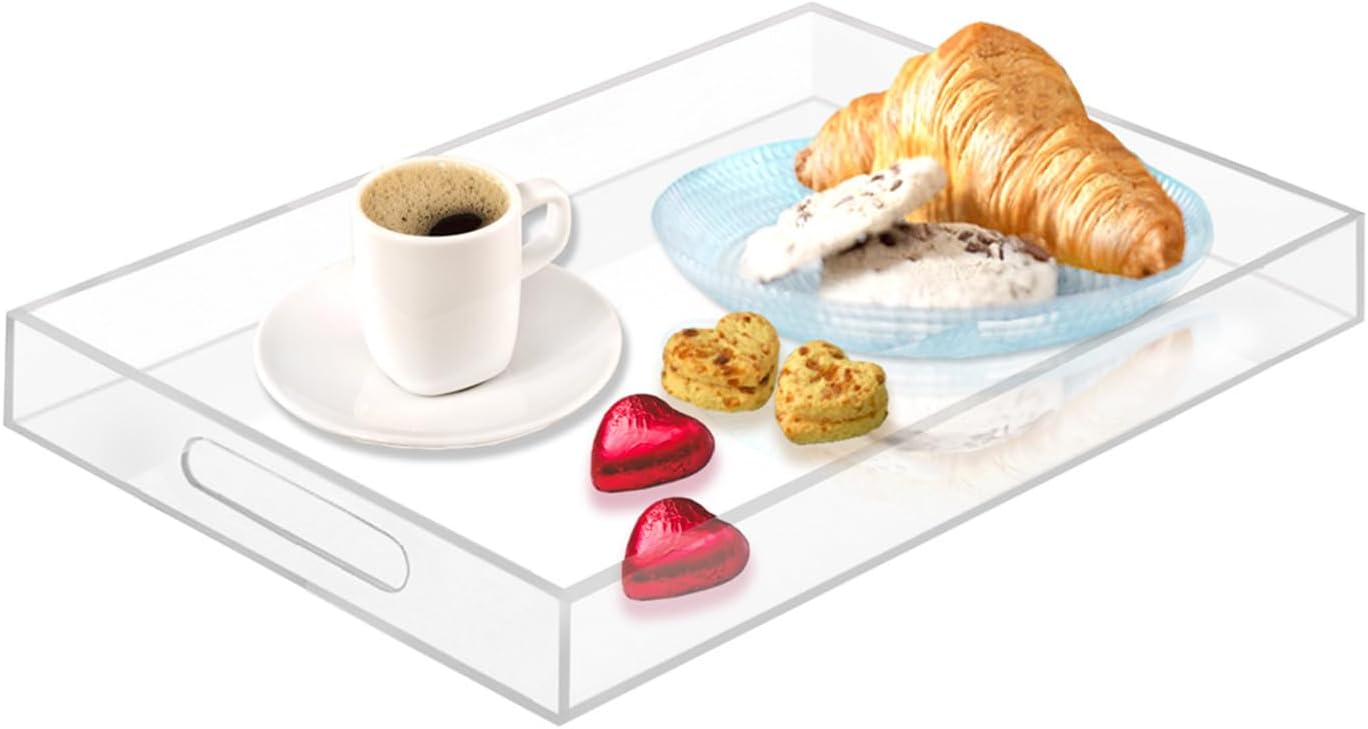SetGame Acrylic Serving Tray with Handles, Bathroom Desktop Decorative Storage Arylic Trays, Simple Vanity Tray Food Tea Fruit Dinner Snack Tray for Bar Kitchen Party