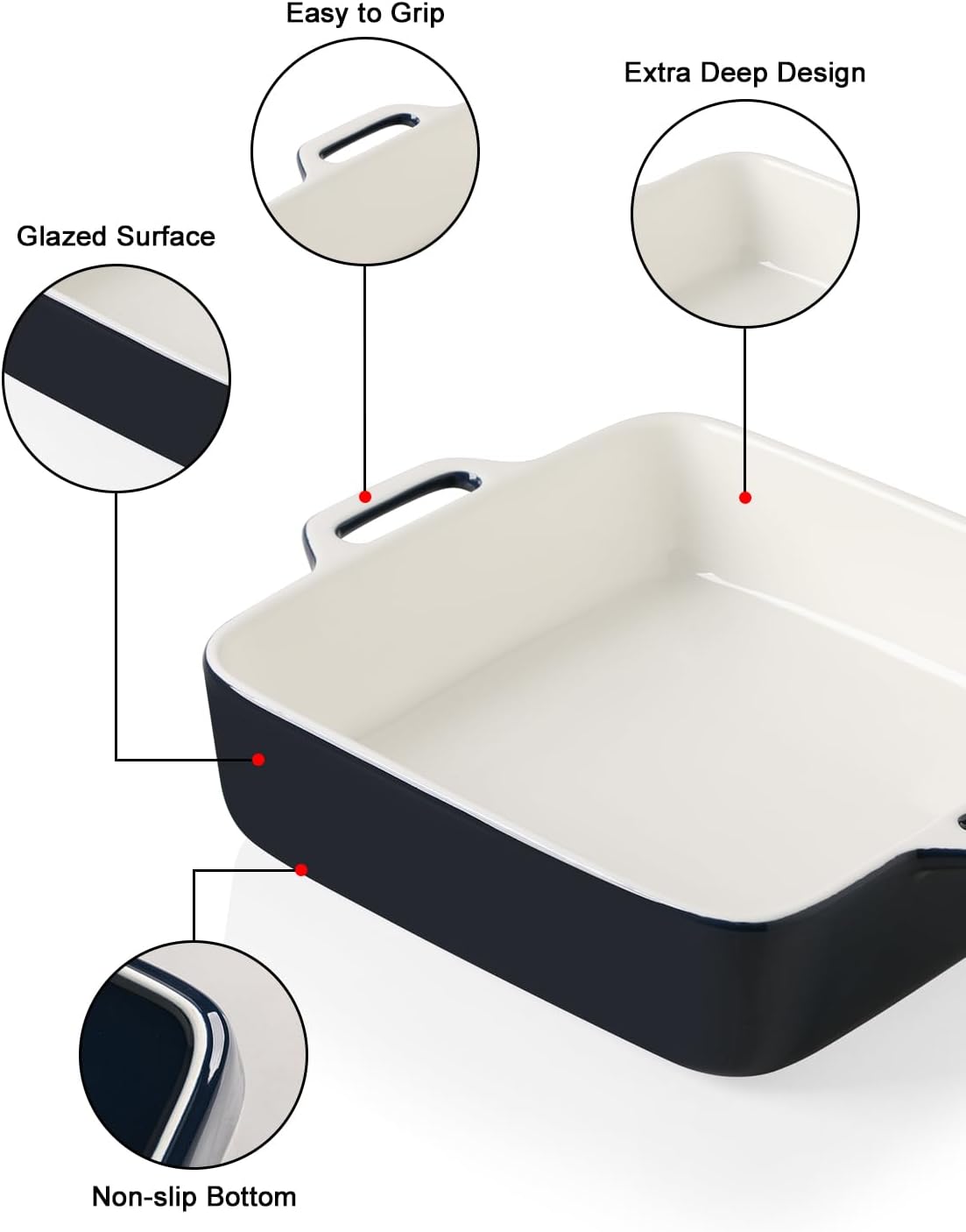 Sweejar 8x8 Baking Pan,Ceramic Casserole Dishes for Oven with Double Handles，2 QT Square Cake Baking Dish for Brownie,Lasagna,Casseroles,Family Dinner (Navy)