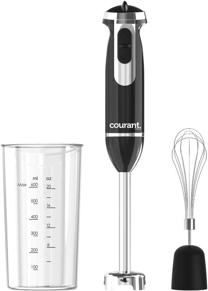 Courant Immersion Hand Blender with Stainless Steel Shaft, Variable Speed Control, Whisk Attachment, and 20 oz Measuring Cup