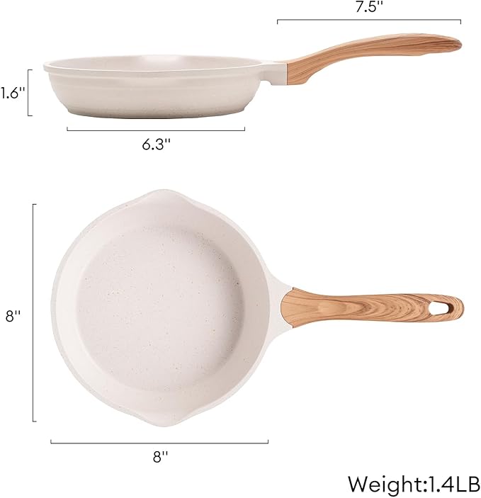 JEETEE 8 Inch Nonstick Frying Pan, Stone Coating Cookware, Nonstick Omelette Pan with Heat-Resistant Handle, Induction Skillet for Eggs(Beige)