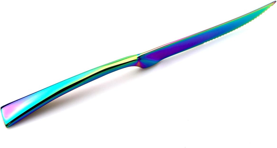 JASHII 18/10 Stainless Steel 8 Piece Mirror Polished Rainbow Serrated Steak Knife Colorful Serving Black Utensil Set