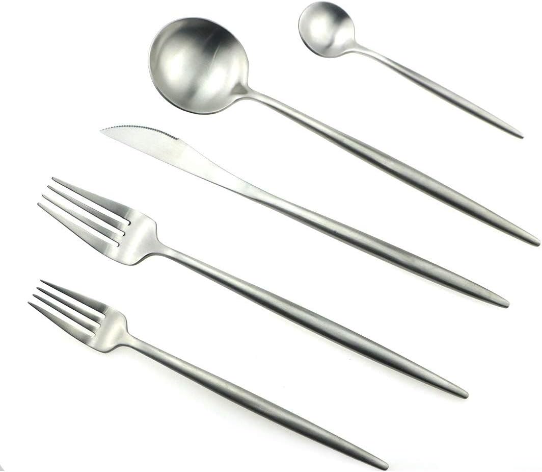 Gugrida 5 Pieces Matte Silver Flatware Set, 18/10 Stainless Steel Cutlery Sets Including Knife Fork Spoon w/Dessert Fork Teaspoon, Silverware Sets Service for 1