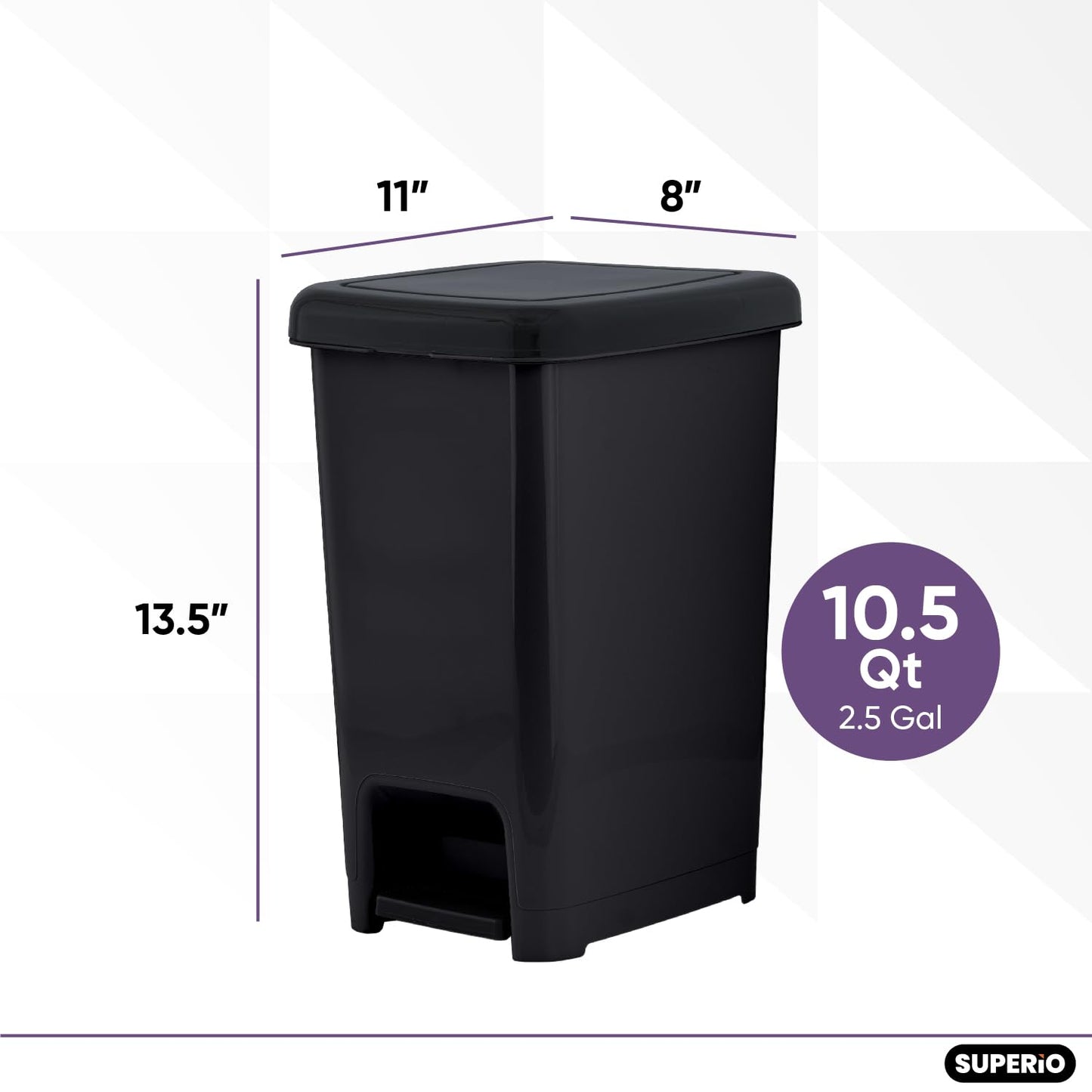Superio Slim Step On Pedal Plastic Trash Can, Waste Bin for Under Desk, Office, Bedroom, Bathroom, Kitchen (2.5 gal) (Black)