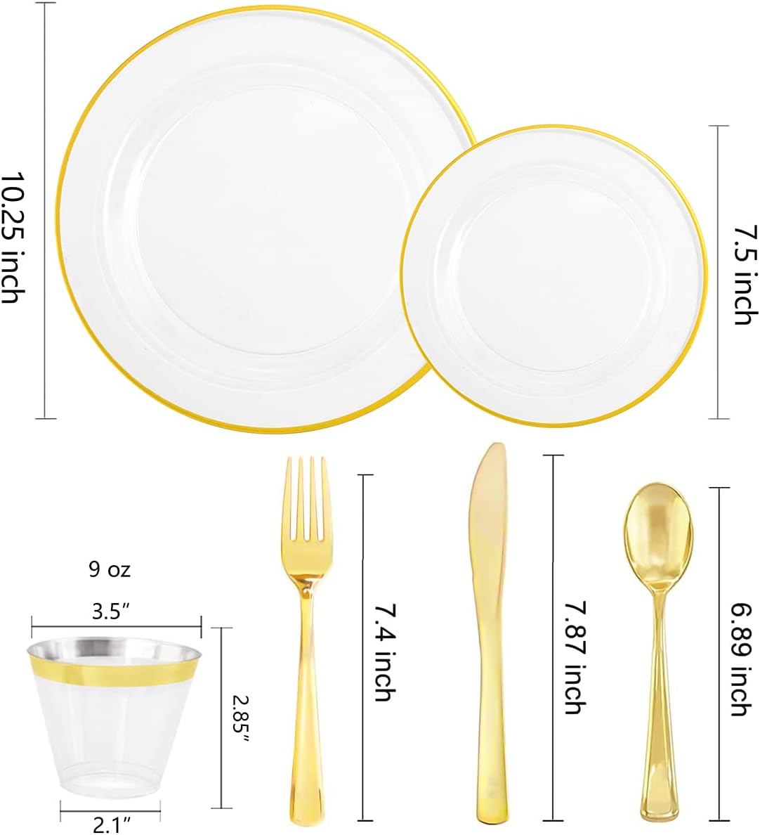 SUT 150 PCS Gold Plastic Plates, Disposable Clear Gold Dinnerware Set with Cups, Includes: 25 Dinner Plates, 25 Dessert plates, 25 Cutlery, 25 Cups, Prefect for Party, Wedding & Shower