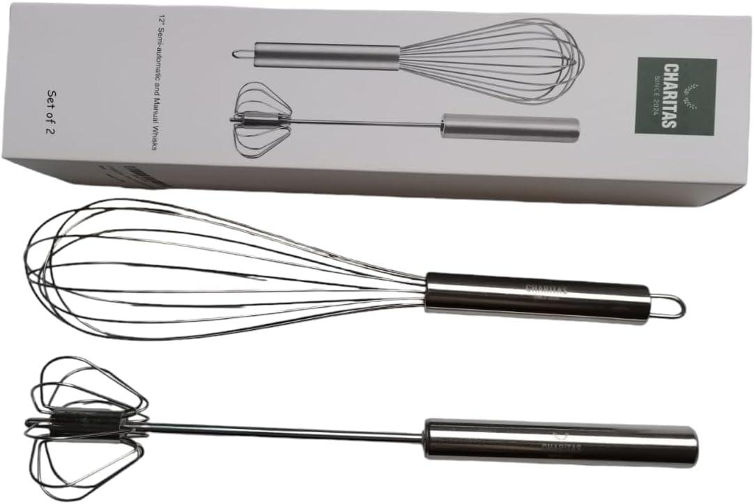 12'' Egg Whisk Combo - Stainless Steel Manual Balloon whisk and Semi-Automatic Whisk, Egg Beater, Hand Push Rotary - Mixing, Frothier, Stirring baking/beating eggs, Durable, Easy-Grip/Heat-Resistant.