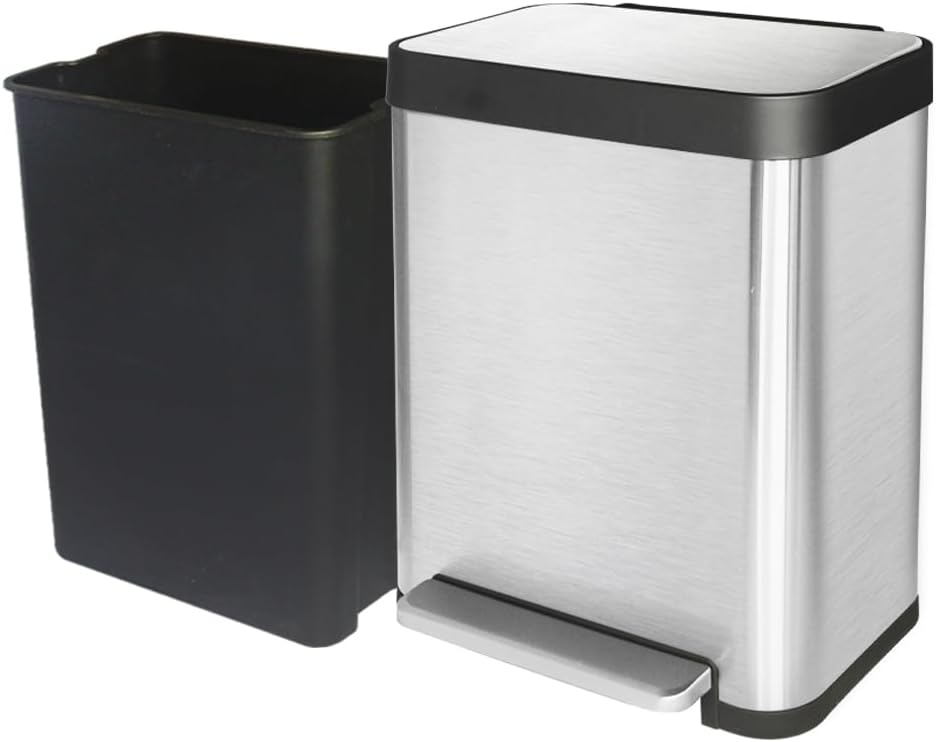 10 Gallon Stainless Steel Trash Can with Removable Inner Bucket, Soft Close & Stay Open Lid, Step-on Pedal – Modern Kitchen Waste Bin